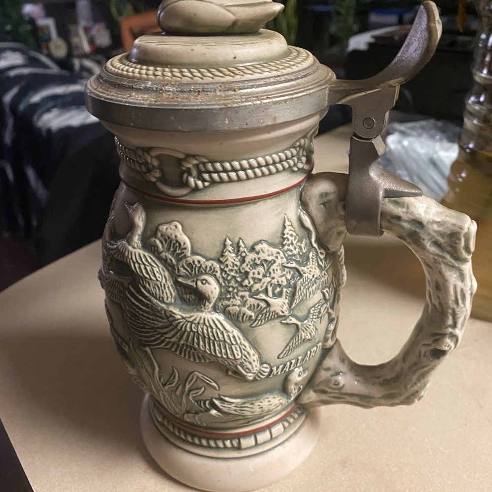 Mallard Ceramic Beer Stein - Beige and Green Decorative Tankard
